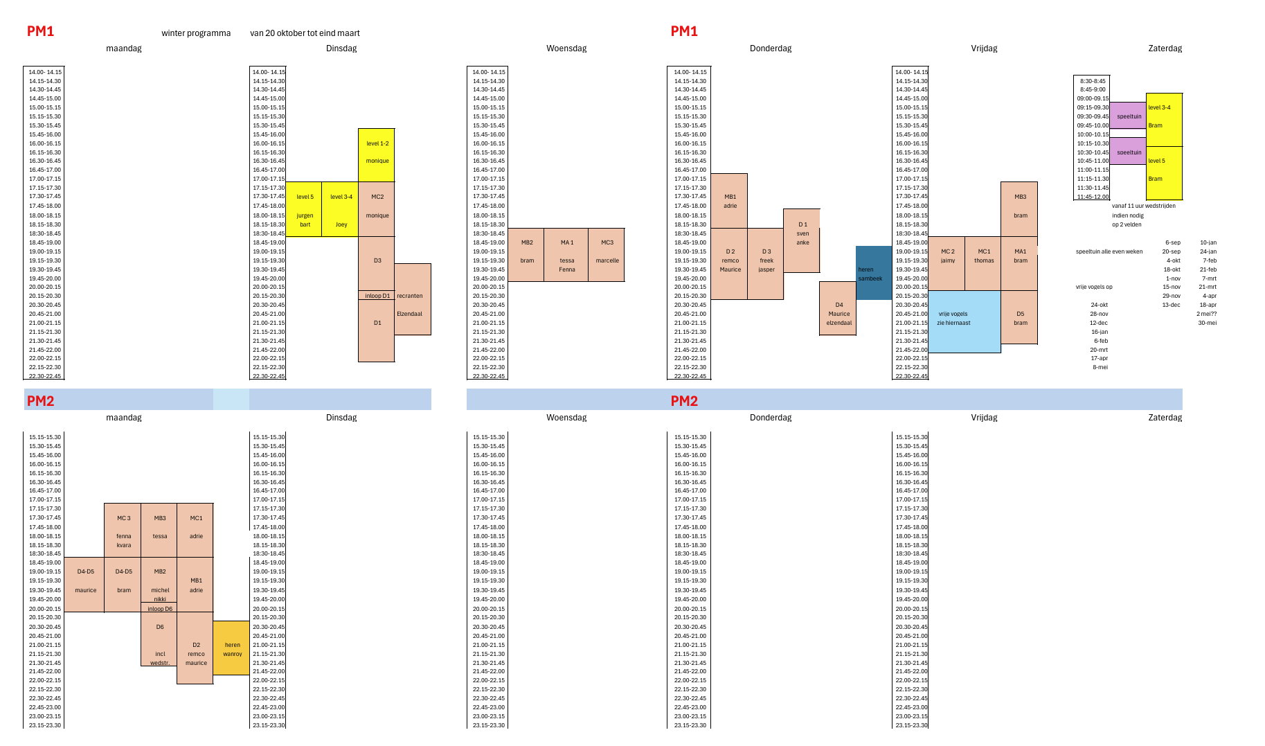 Aangepast trainingsrooster vanaf 20 oktober